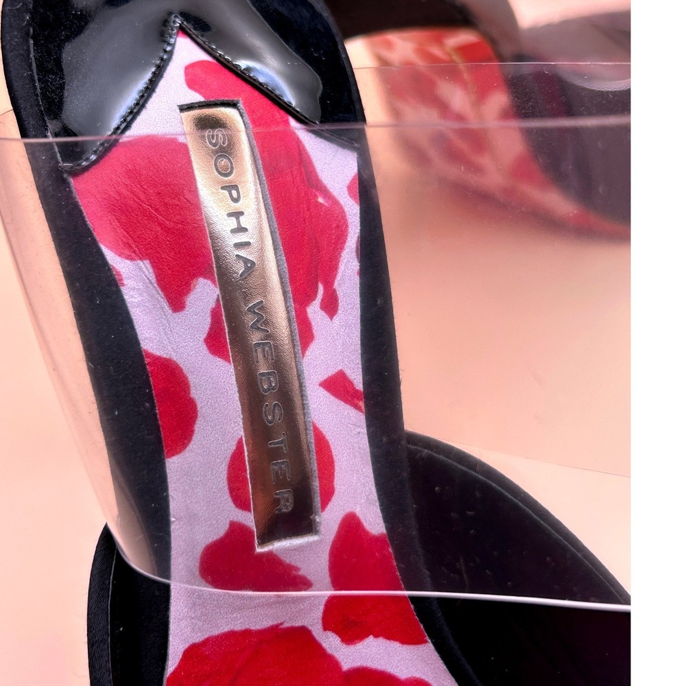 Sophia Webster Black Satin Rosita Mule Petal Print PVC Pump Heels Size 37.5 - Picture 5 of 12